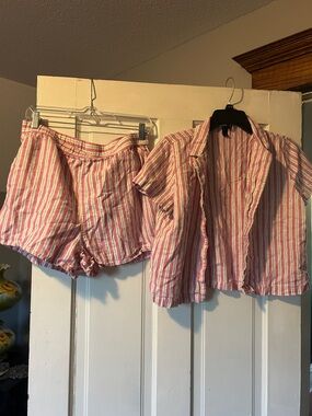 Pink & White Striped Short Set - Two Piece